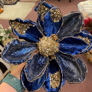 Elegant Blue and Gold Magnolia Sequin Decorative Flower Stem 3-Pack
